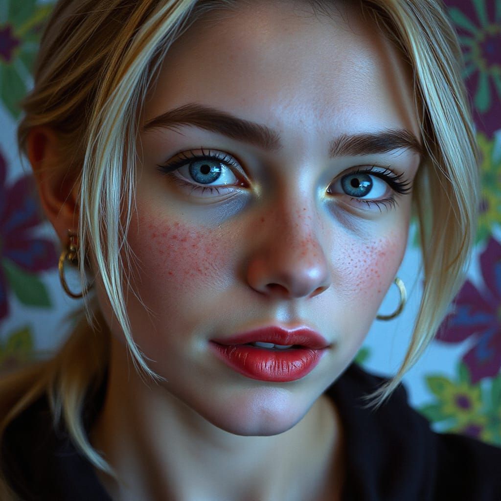 Hyperrealistic Portrait of Freckled Blonde Woman