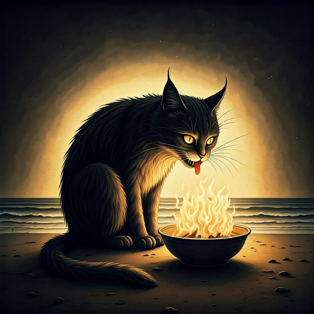 Surreal Steampunk Cat Devours Flames on Haunted Beach
