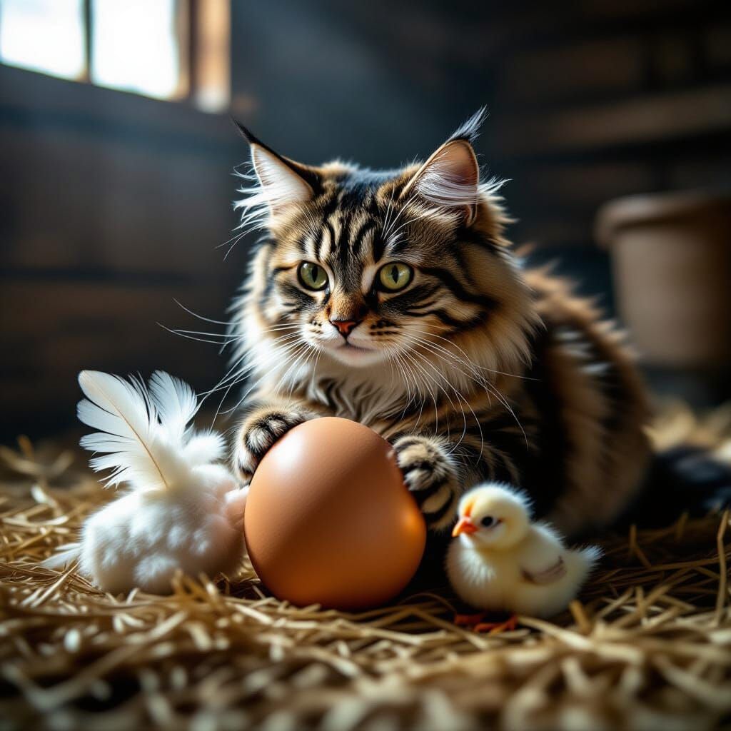 Whimsical Feline Hatching a Chicken Kitten