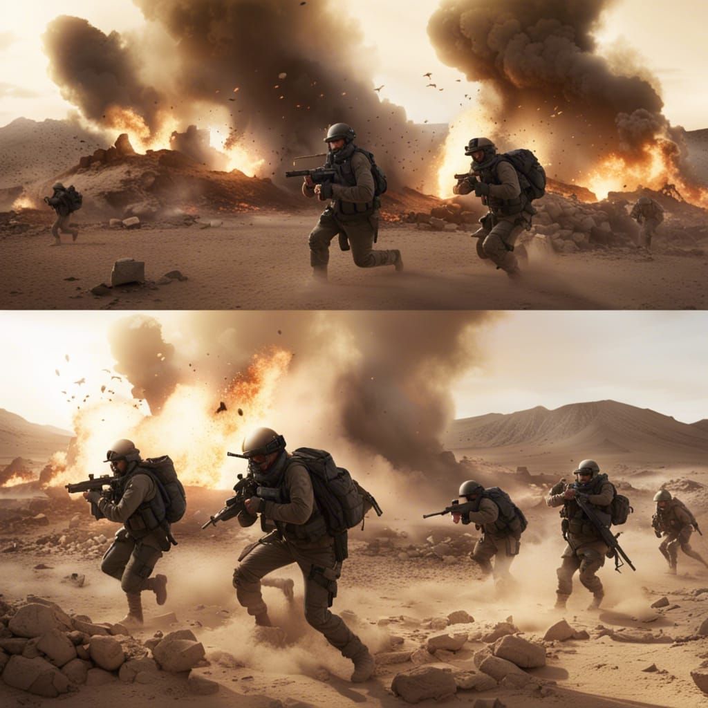 Military Assault Team in Bombed Desert Village