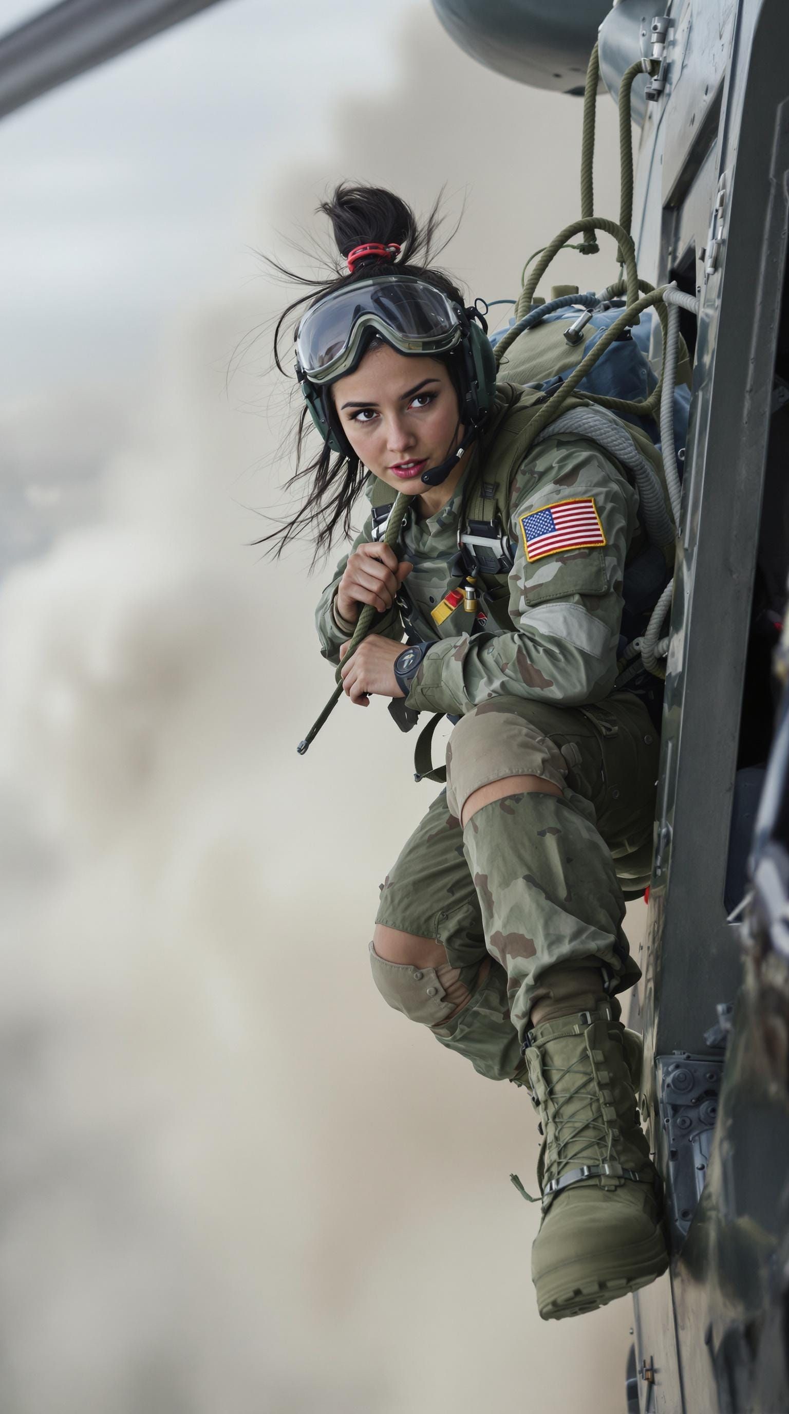 Russian Female Soldier Descending from Military Helicopter i...