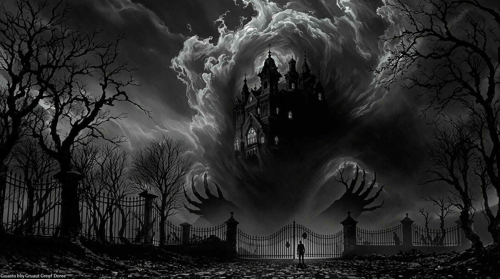 Surreal Mansion Emerges from Shadowy Darkness in a Cyberpunk...