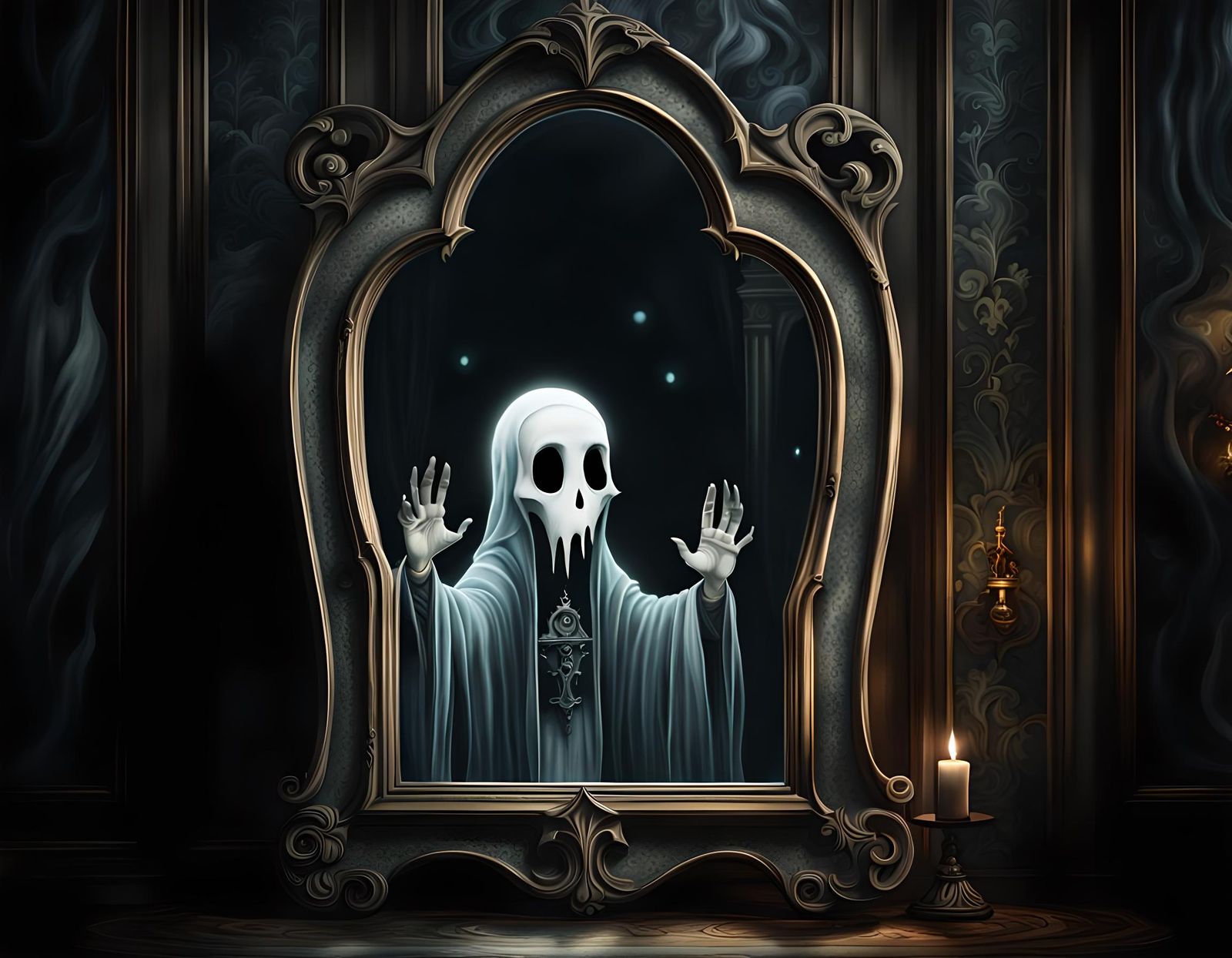 Gothic Mirror Ghost in Dark Watercolor Style