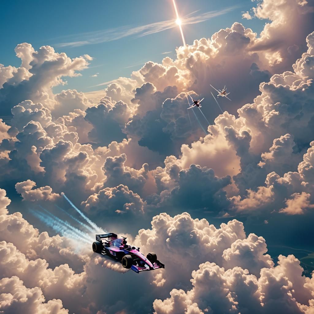 F1 Car Soaring Through Sky: Cinematic Aerial View