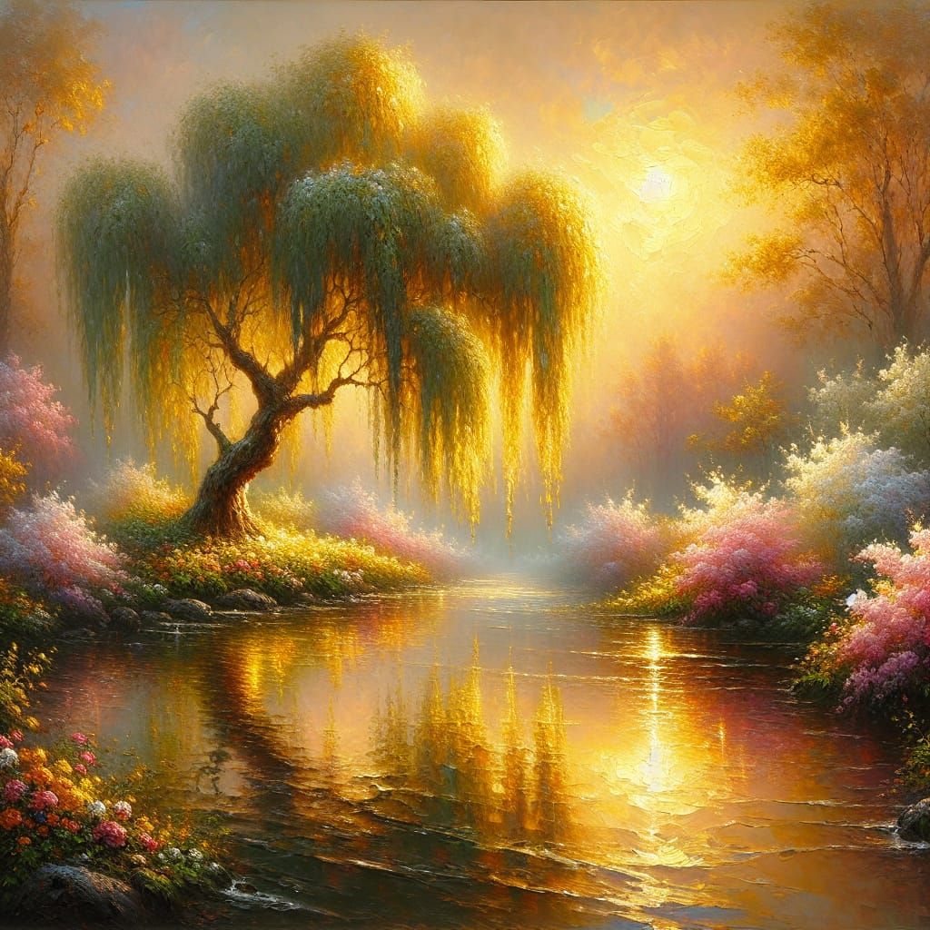 Weeping Willow in Golden Light: 19th Century Style