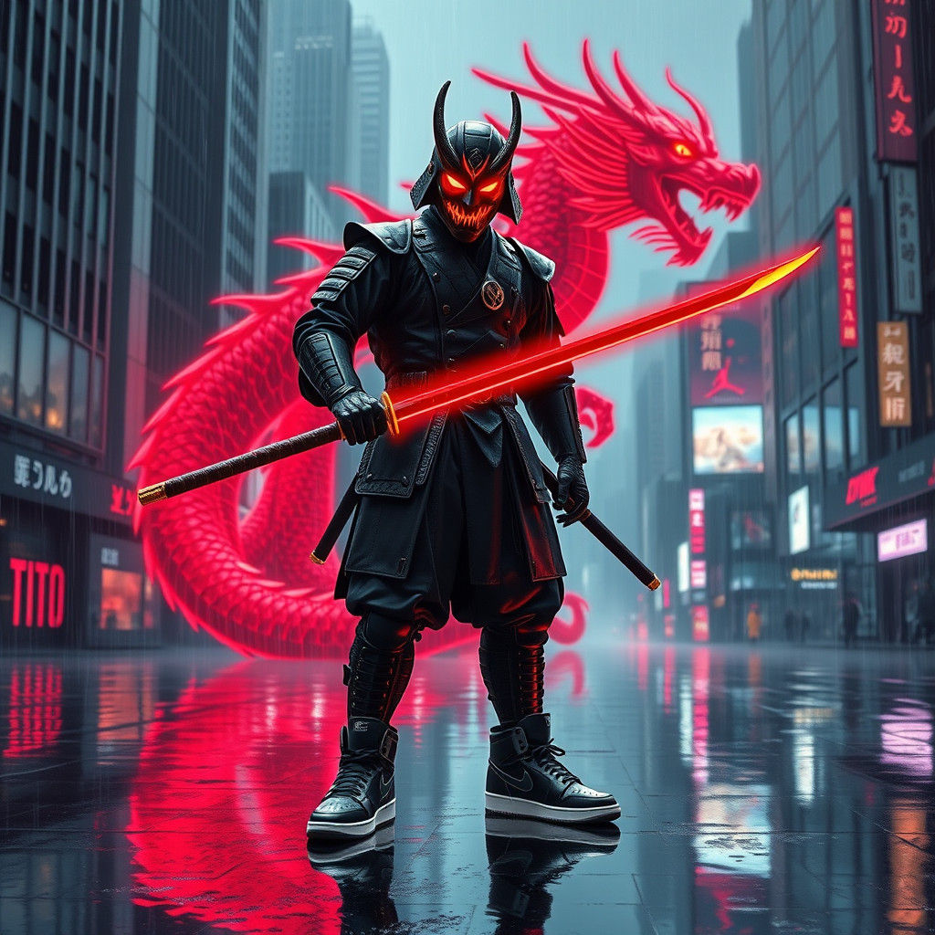Cyberpunk Samurai Warrior with Oni Mask and Energy Sword
