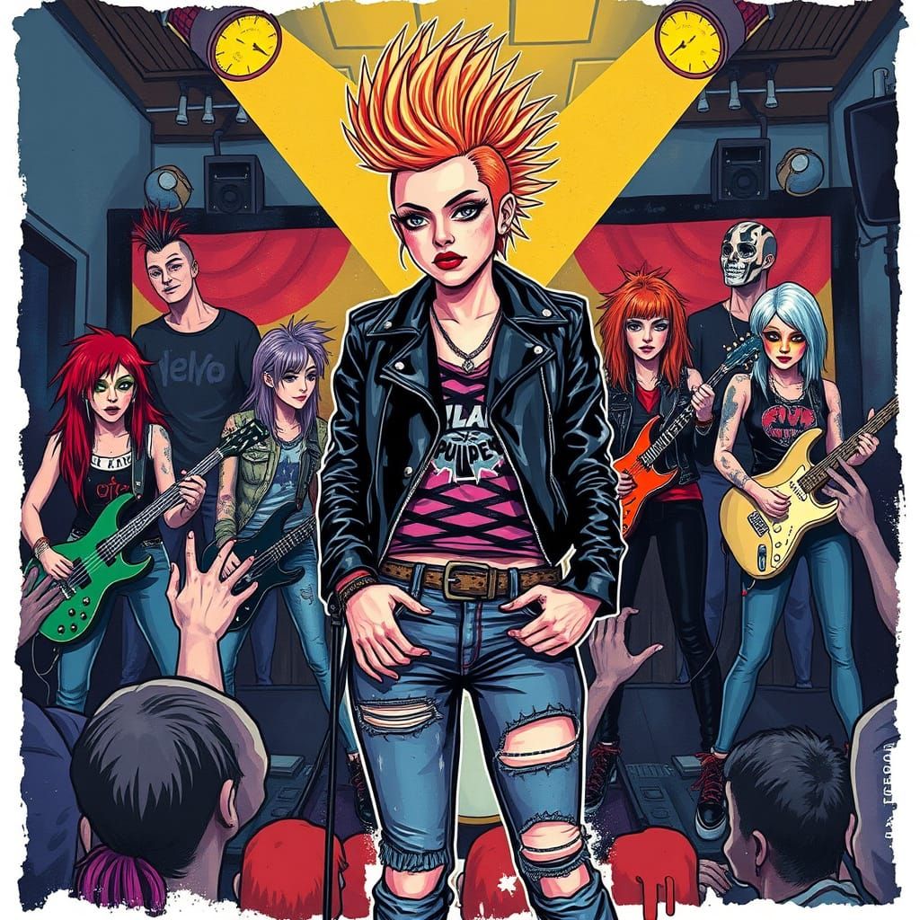 Punk Rock Rebel in Front of a Girl Band