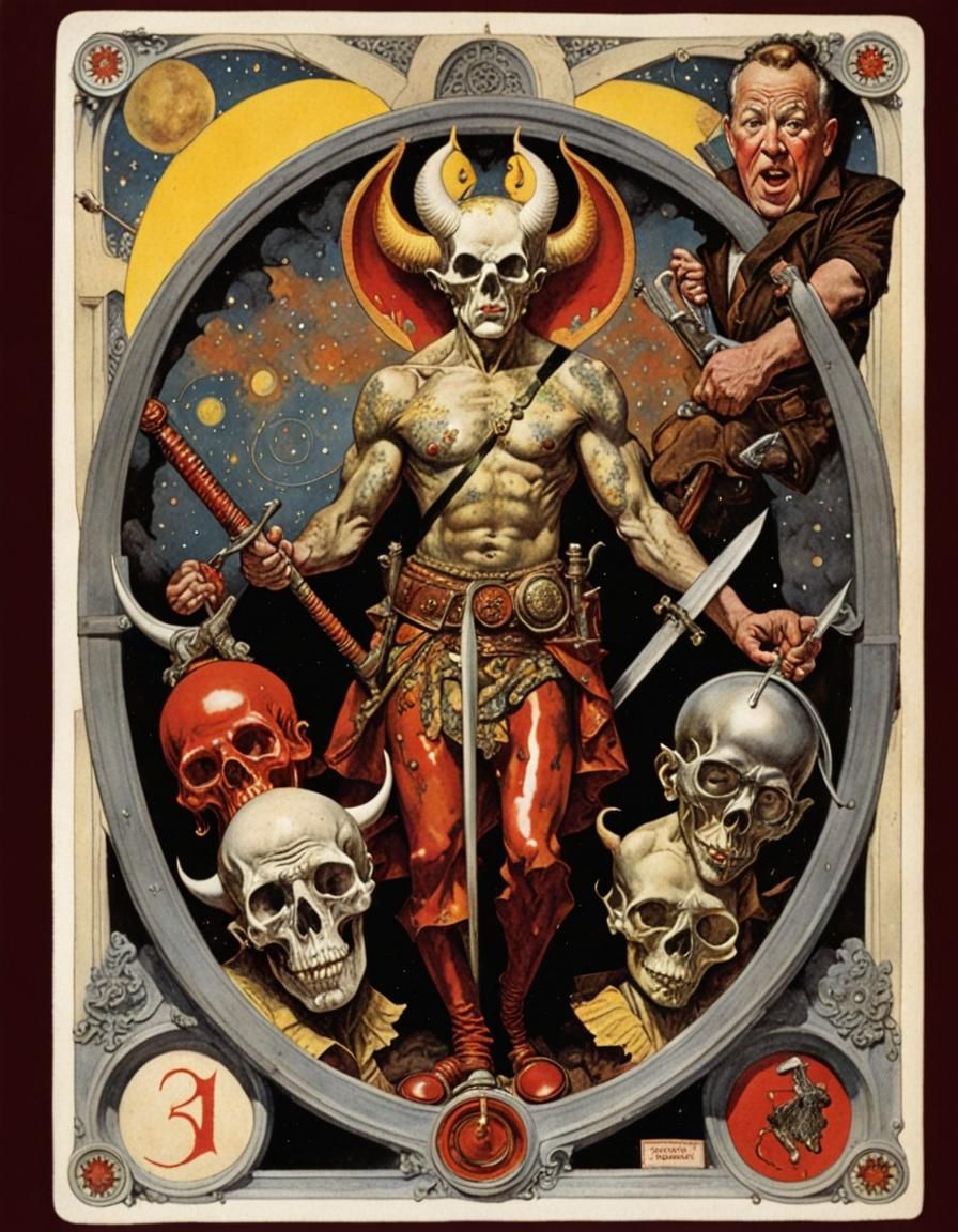 Grotesque Devil Tarot Card in Comic Book Style