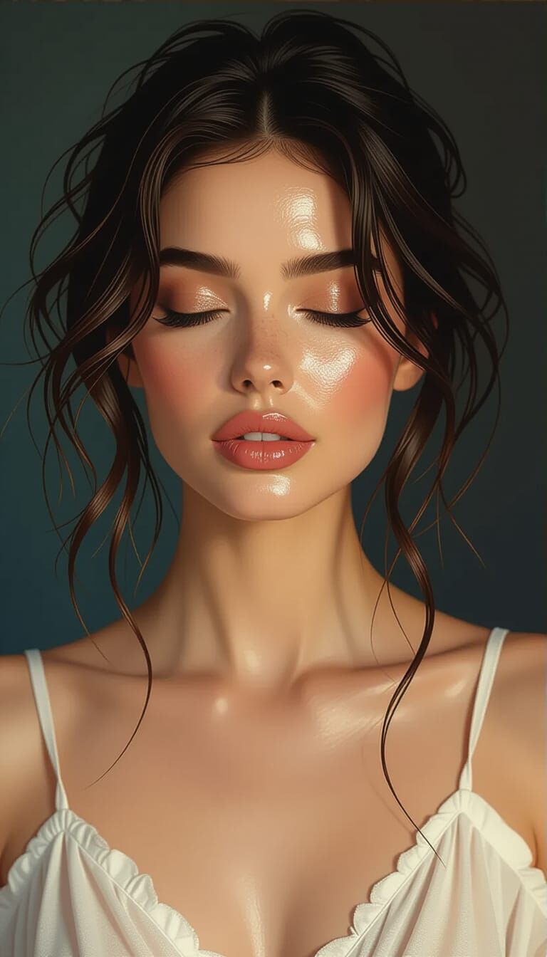Serene Woman with Wet Hair in Painterly Portrait