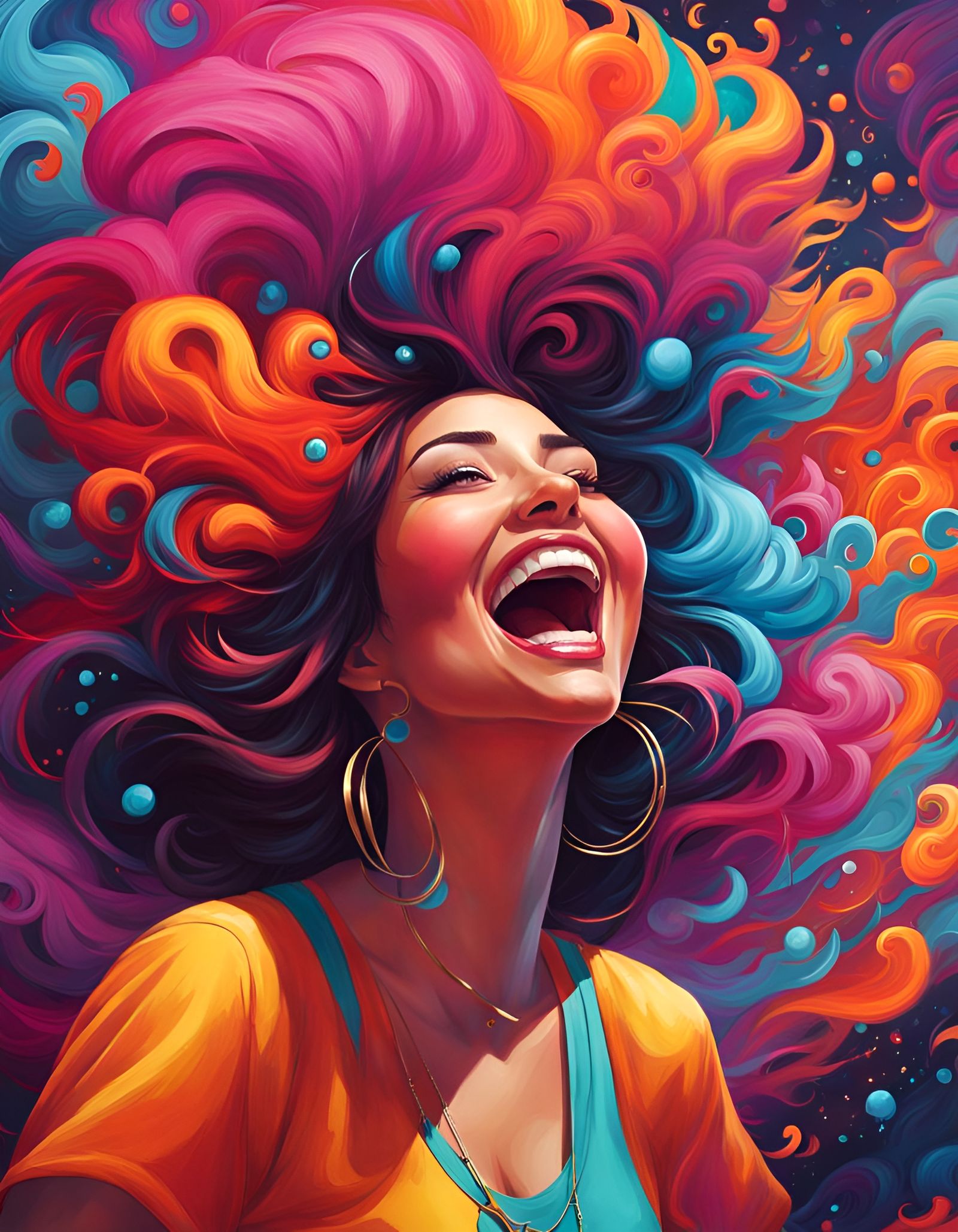 Psychedelic Laughing Woman in Urban Setting