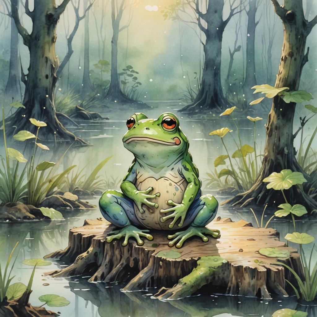 Sad Kawaii Frog in Misty Swamp: Anime Watercolor