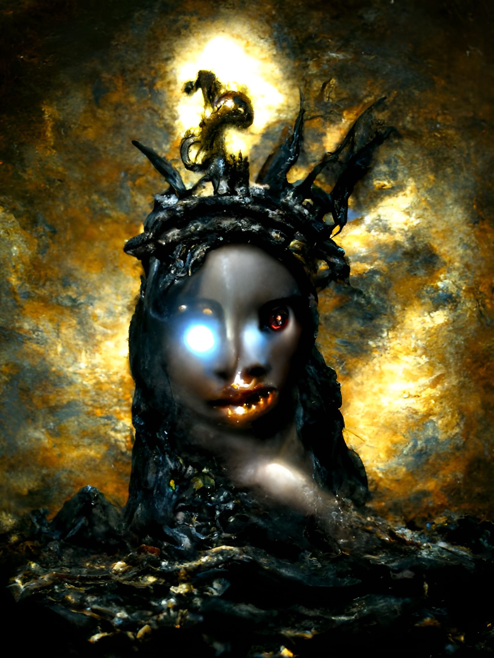 Eerie Siren Portrait with Gold Jewelry