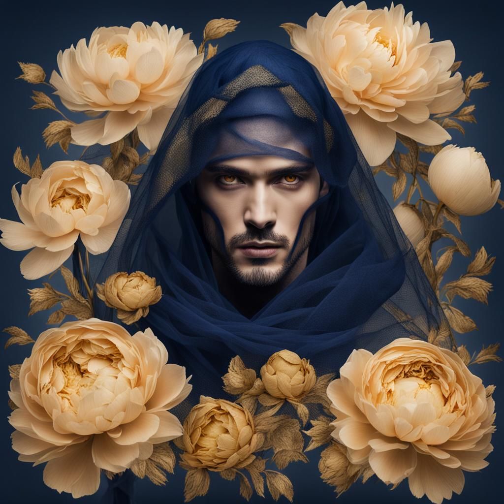 Gothic Male Portrait with Tulle and Peonies