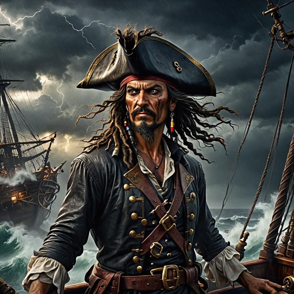 Fearsome Pirate Captain Navigating Stormy Seas