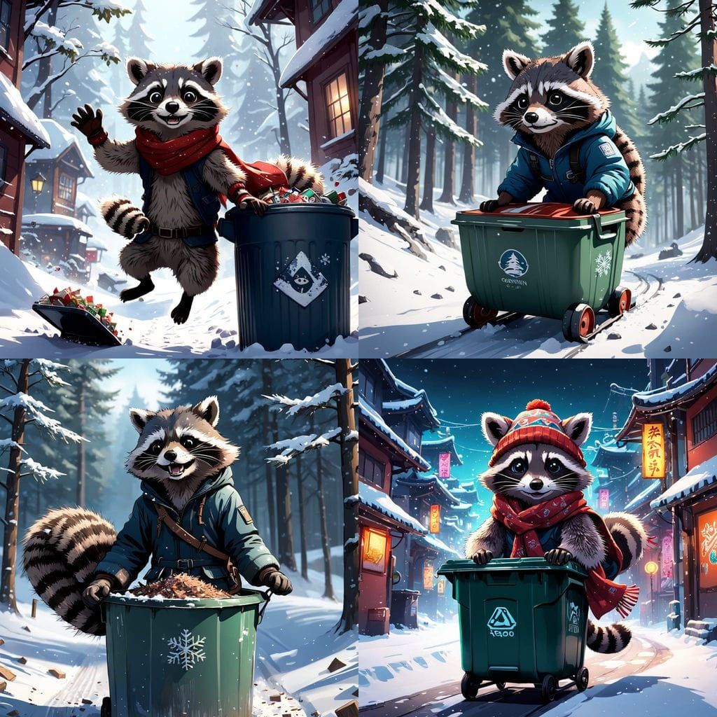 Charming Raccoon Snow Adventurer on Metal Trash Can Lid
