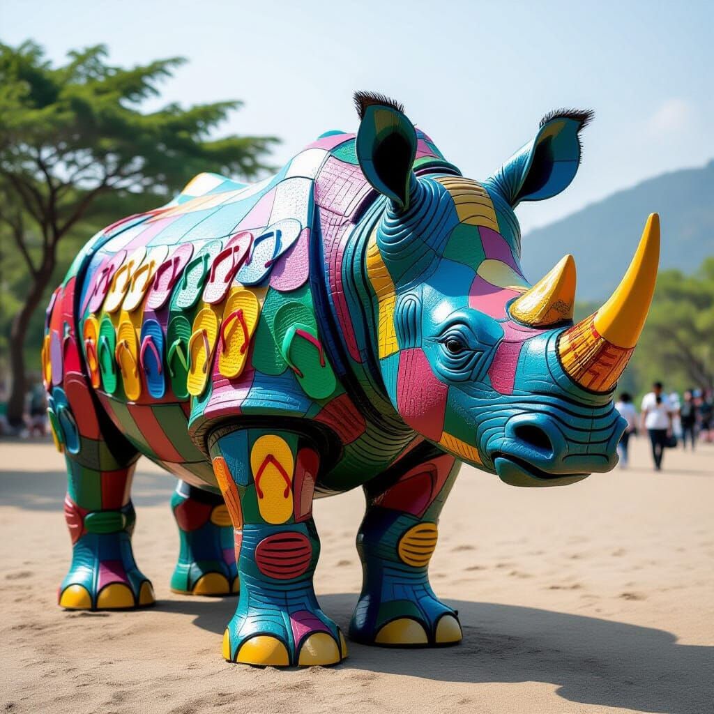 Rhino Sculpture Assembled from Colorful Recycled Flip-Flops