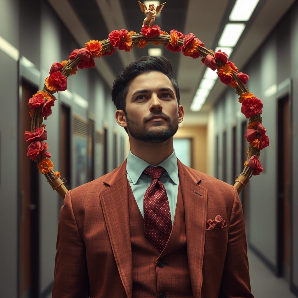 Hyperrealistic Cupid Executive in Modern Office