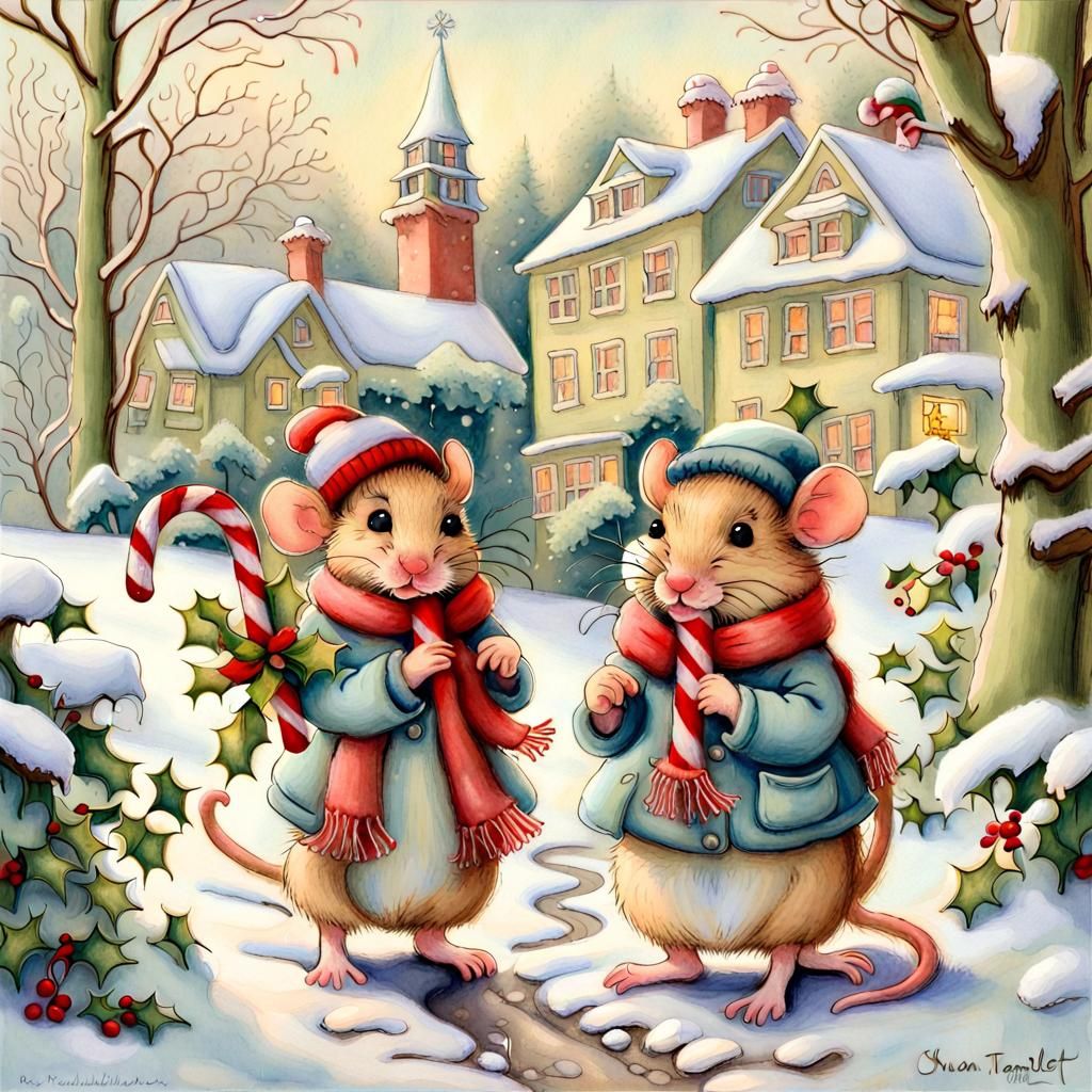 Charming Pastel Mice Carry a Candy Cane