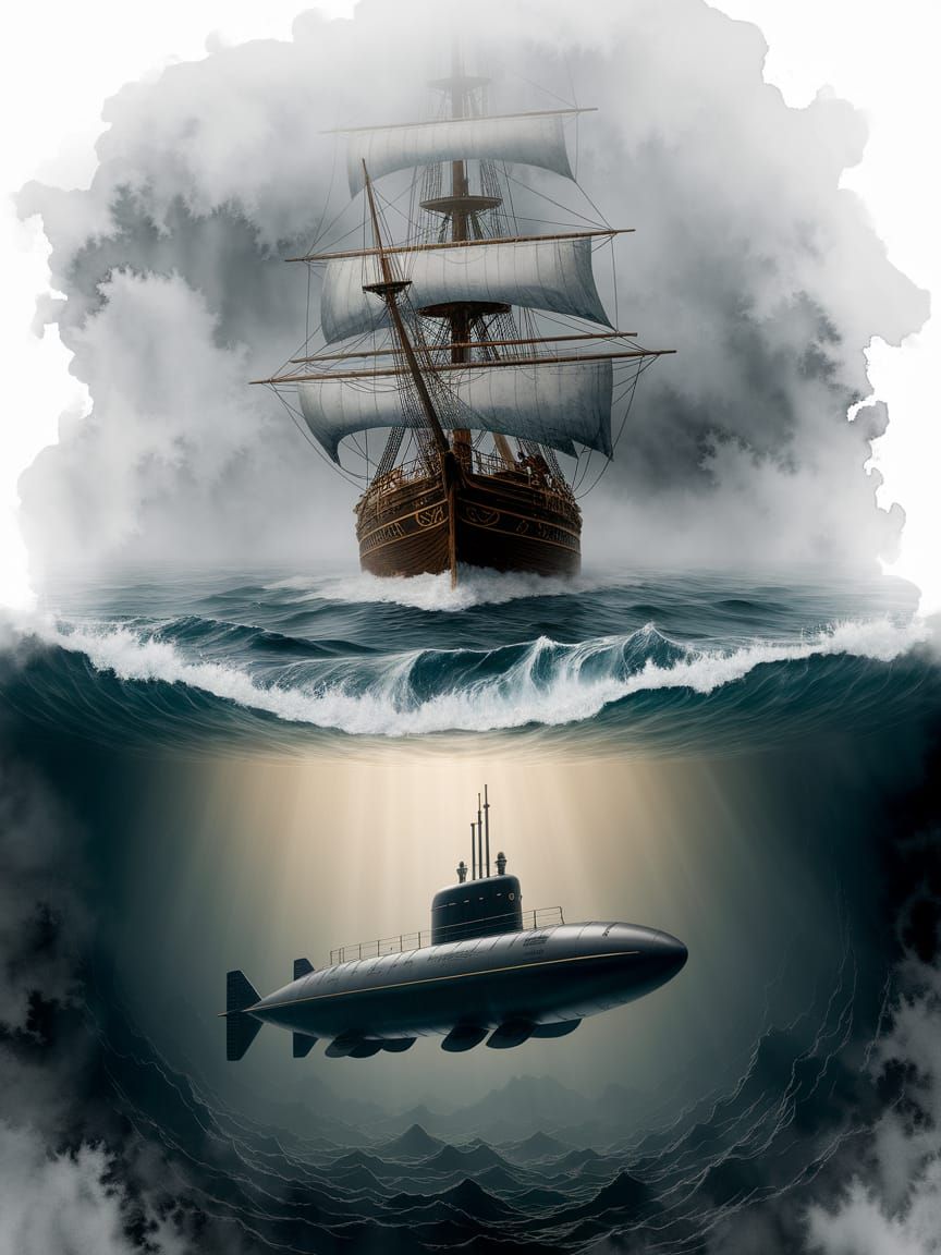 Captain Peers Through Fog into Stormy Sea with Submarine