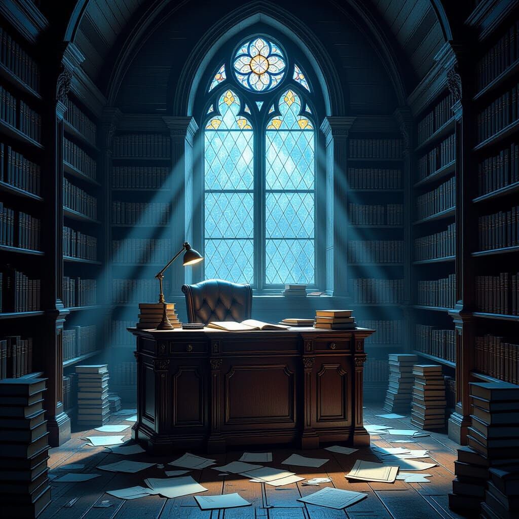 Ancient Library Desk in Ethereal Moonlight