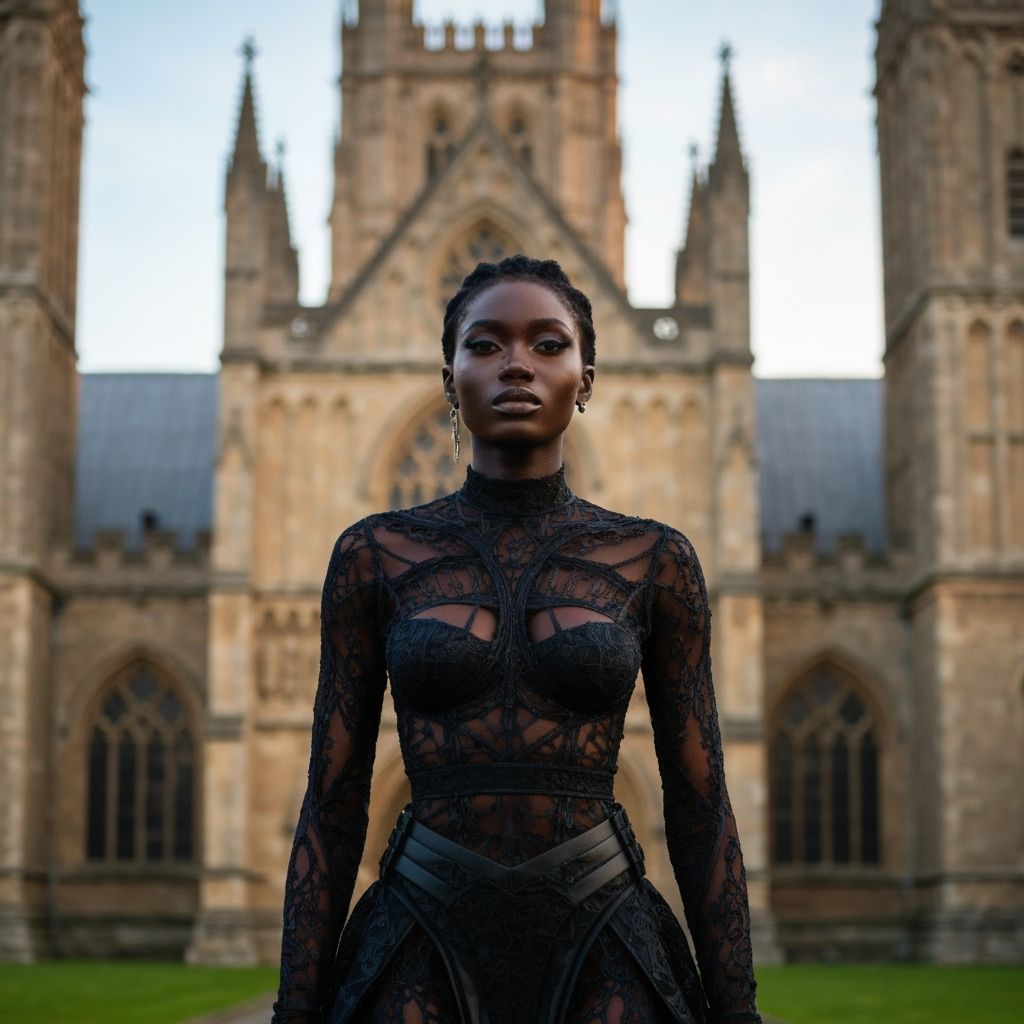 Elegant Woman in Avant-Garde Attire at Ely Cathedral