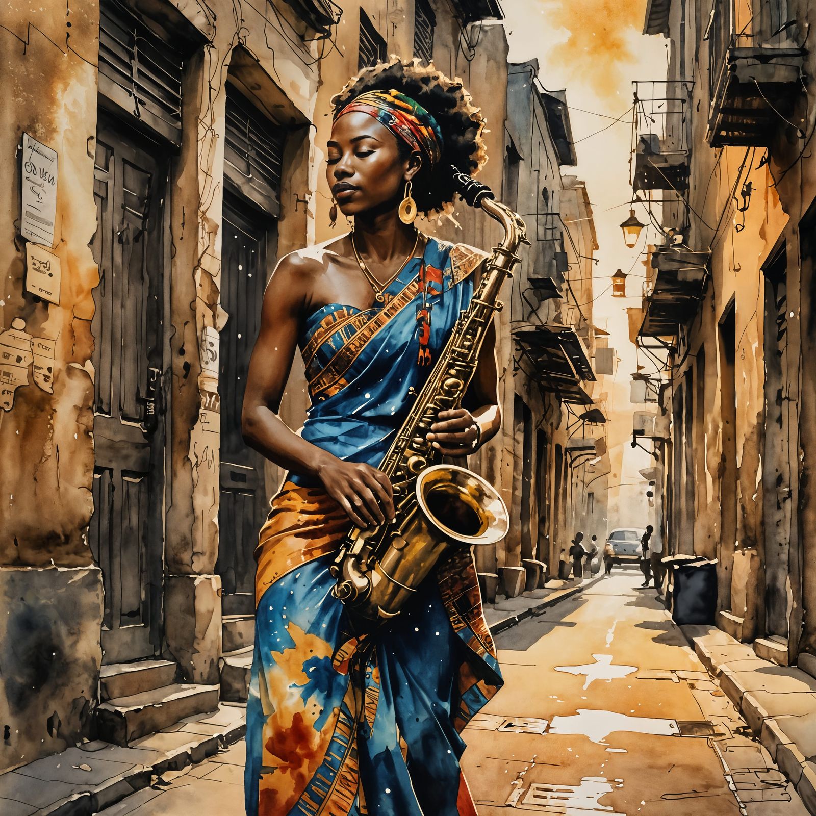 African Musician's Silhouette: Ink and Watercolor Art