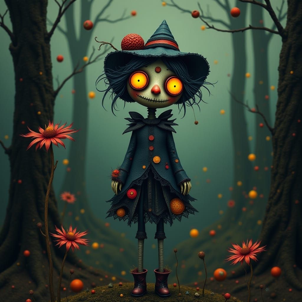 Whimsical Enchanted Forest Scene with Glowing Scarecrow