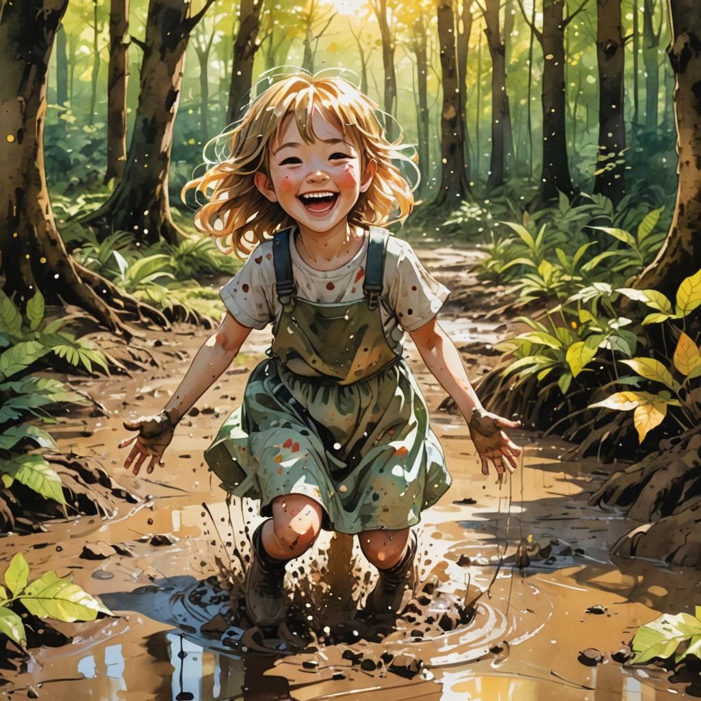Girl Plays in Mud, Whimsical Anime Style