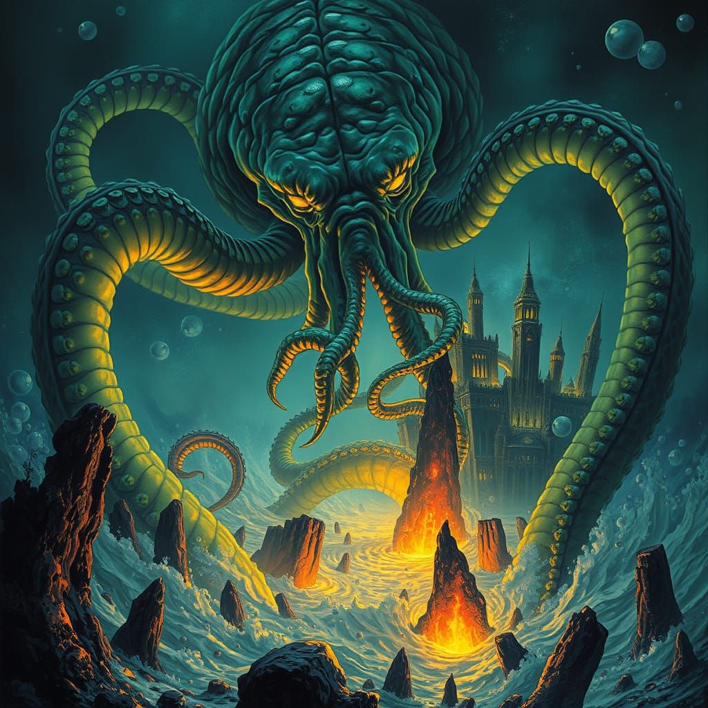 Kraken Guardian of Sunken City: Bioluminescent Art Nouveau