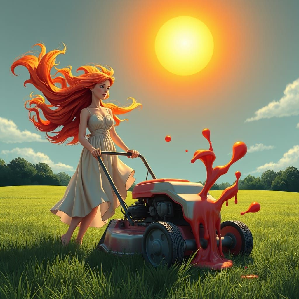 Surreal Redhead Mowing Lawn: A Dali-esque Vision