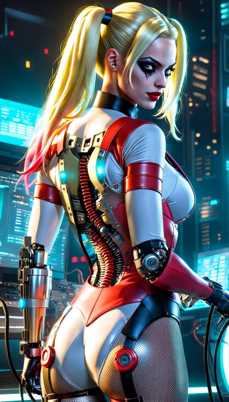 Cyberpunk Robo Harley Quinn in Futuristic Cityscape