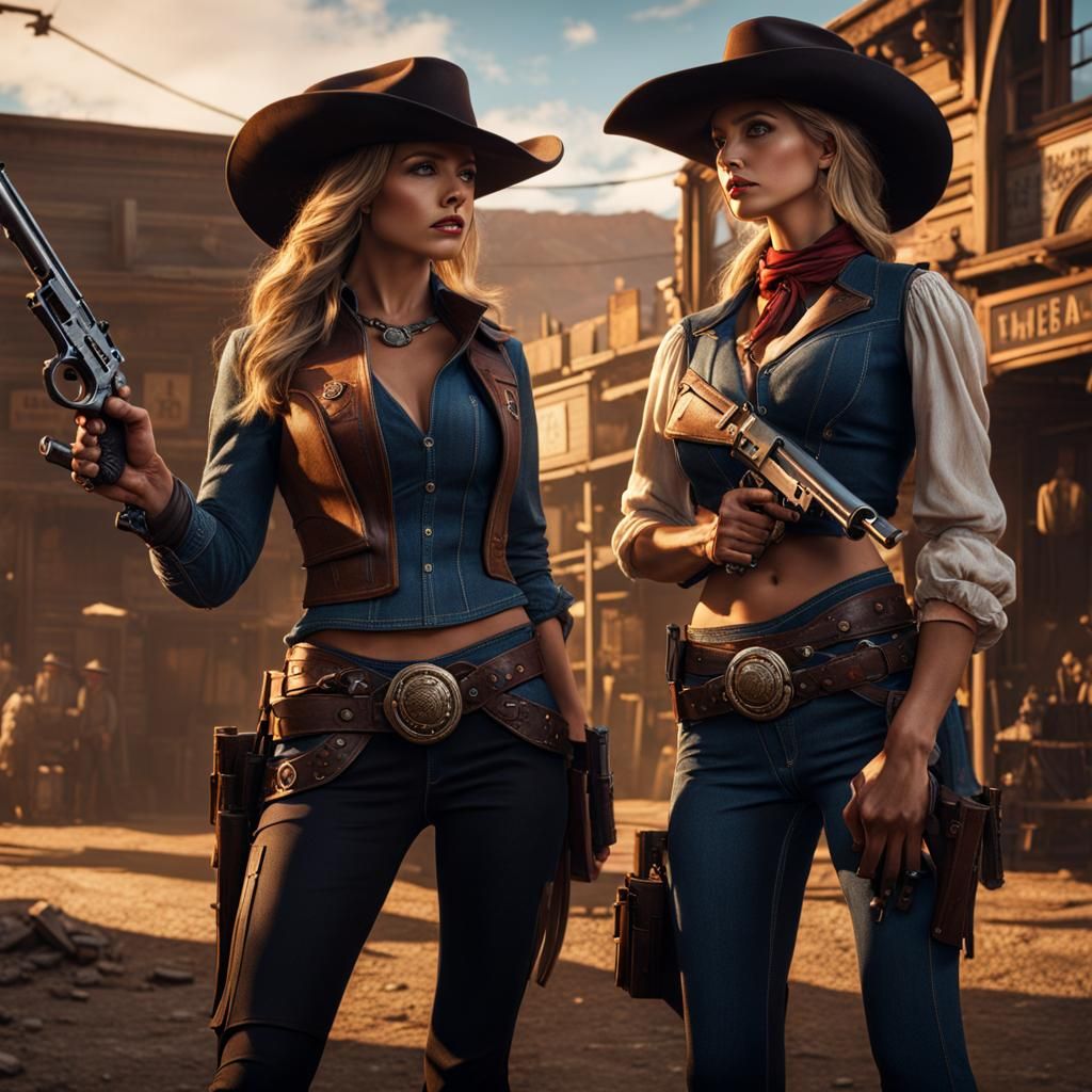 Cowgirl Street Duel in Wild West Town