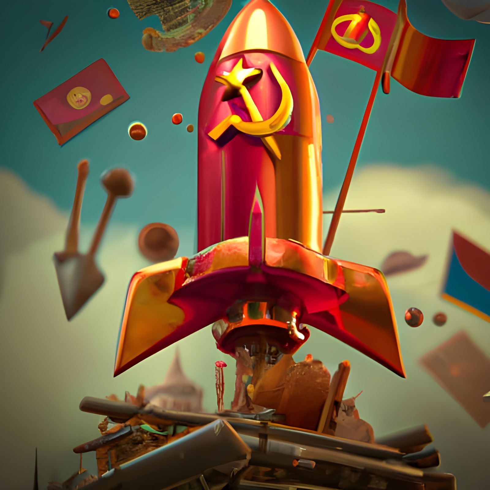 Rocket Ship Dropping Bombs in Socialist Realism Style