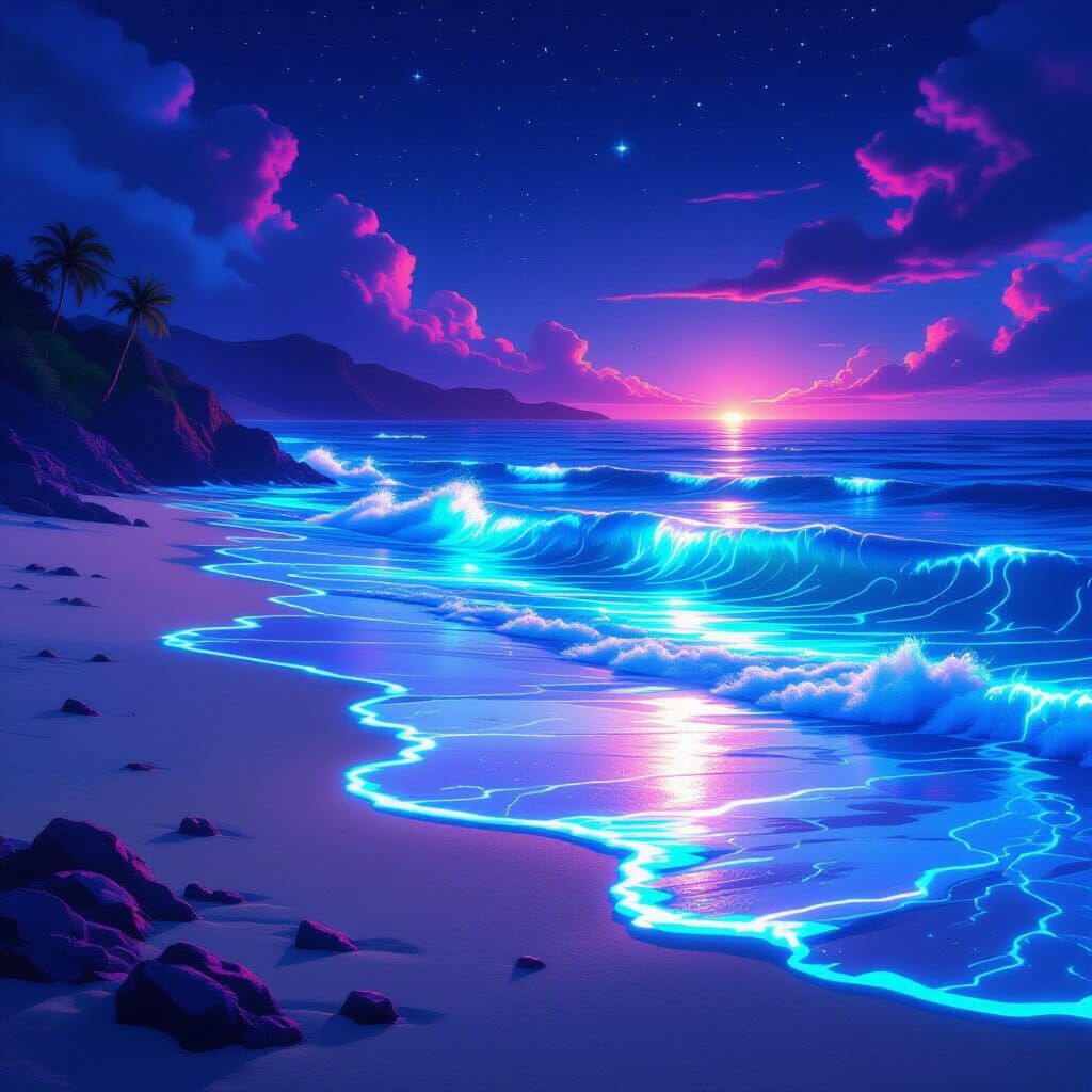 Island Amidst Glowing Neon Tides