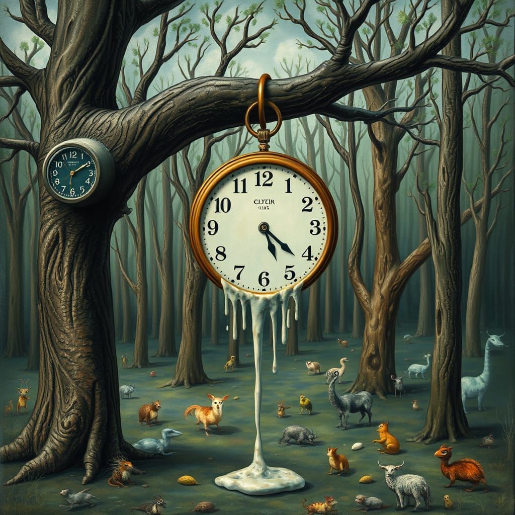 Melting Clock in Surreal Forest, a Dreamlike Scene