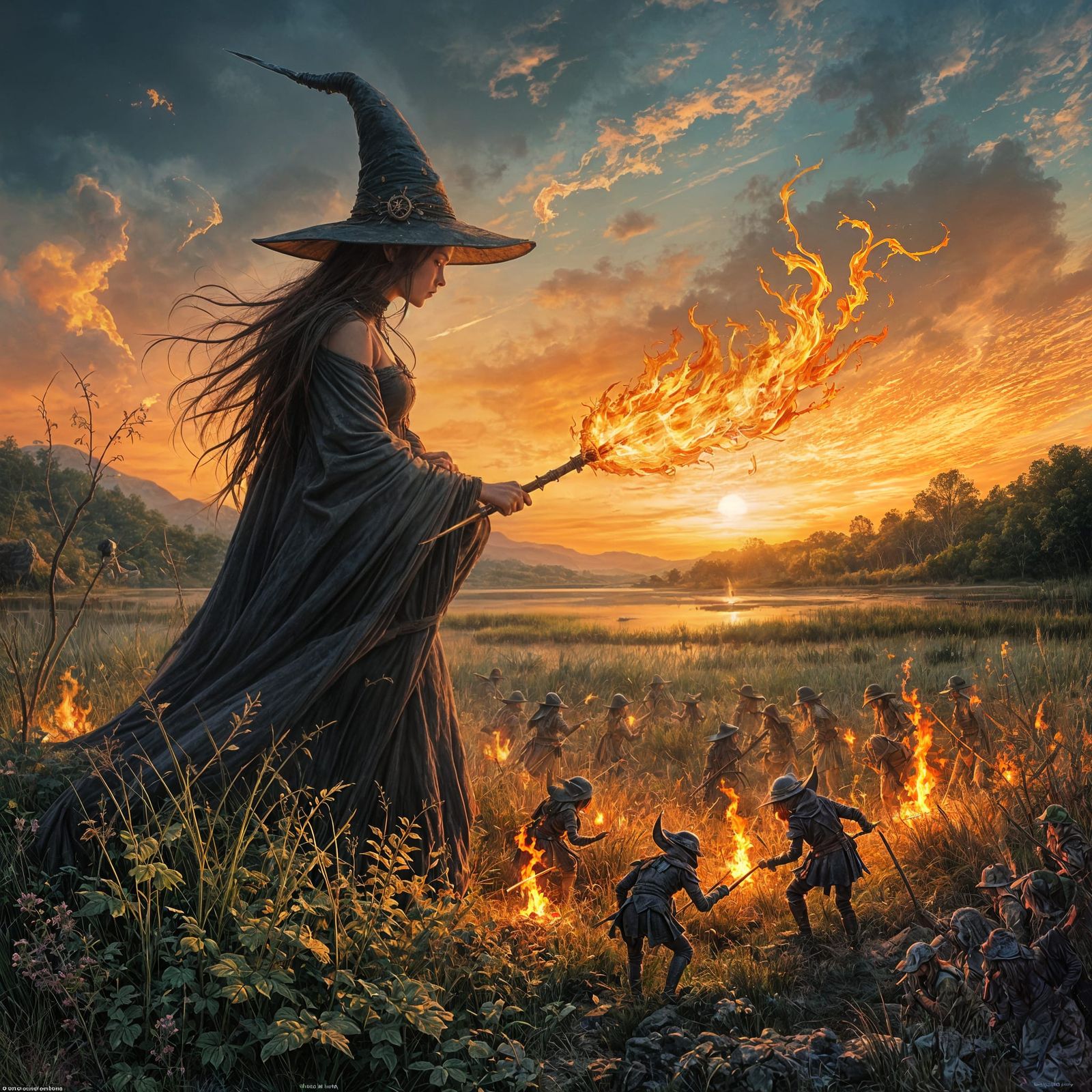 Ethereal Witch Battles Goblins in Enchanted Sunset