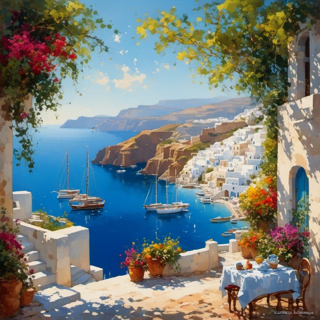 Santorini Greece Ocean View in Vibrant 3D