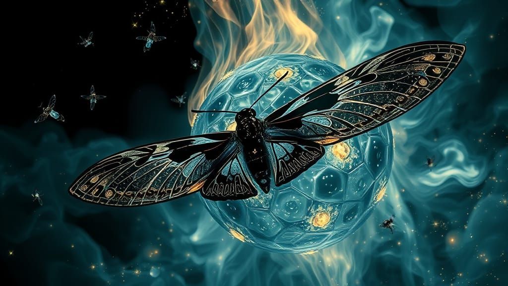 Bioluminescent Lunar Moths Swirling Around Liquid Flames