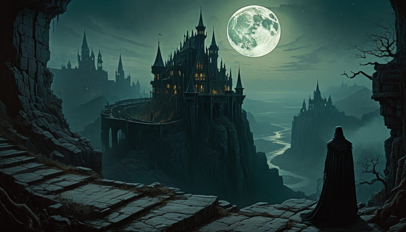 Elegant Victorian Heroine Gazing Upon Dracula's Castle at Ni...