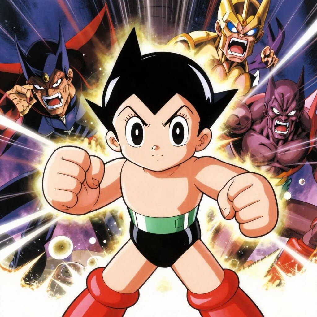 Astro Boy Battles Villains in Classic Anime Style