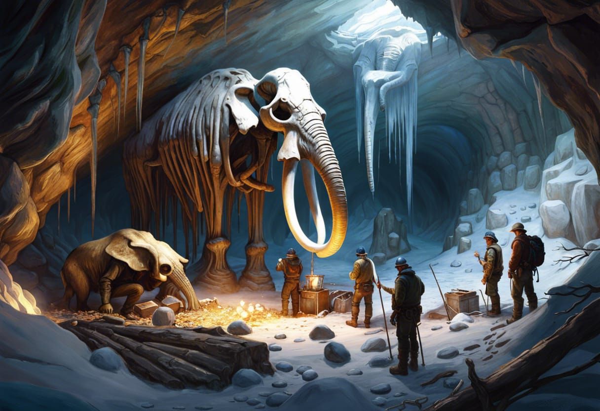 archaeologists excavating a mammoth sleleton