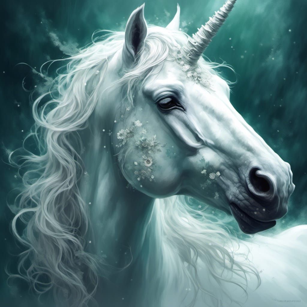 Ethereal White Unicorn Portrait in Digital Art Style