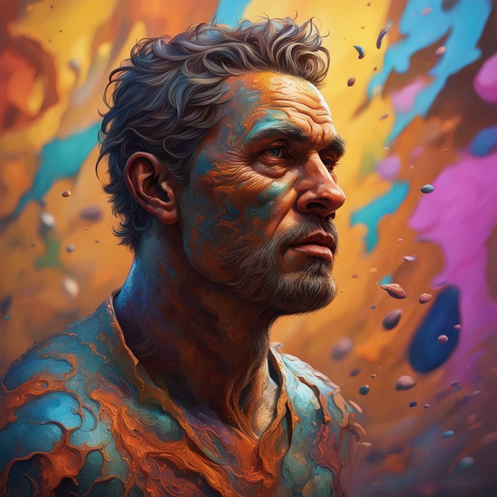 Hyperrealistic Gemini Man in Colorful Splash Art