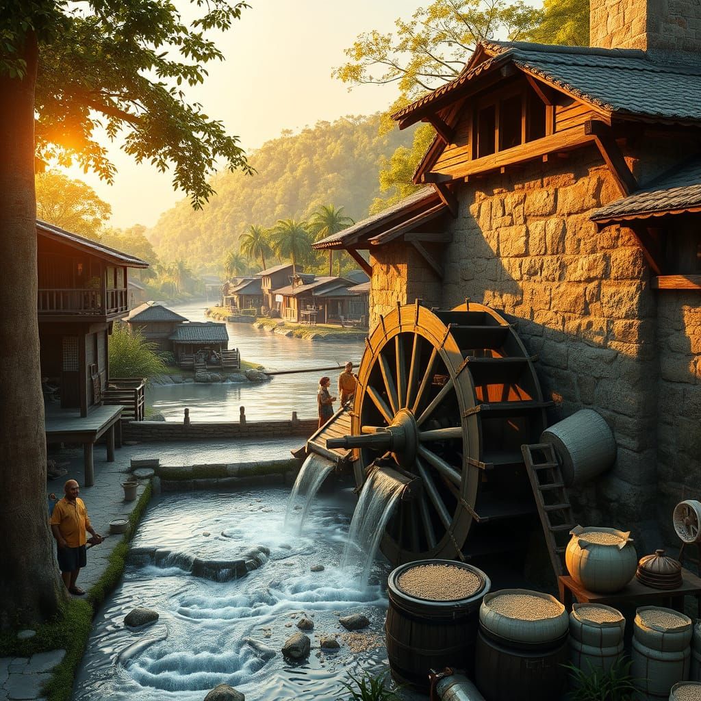 Traditional Rice Mill Scene in Whimsical Fantasy Style