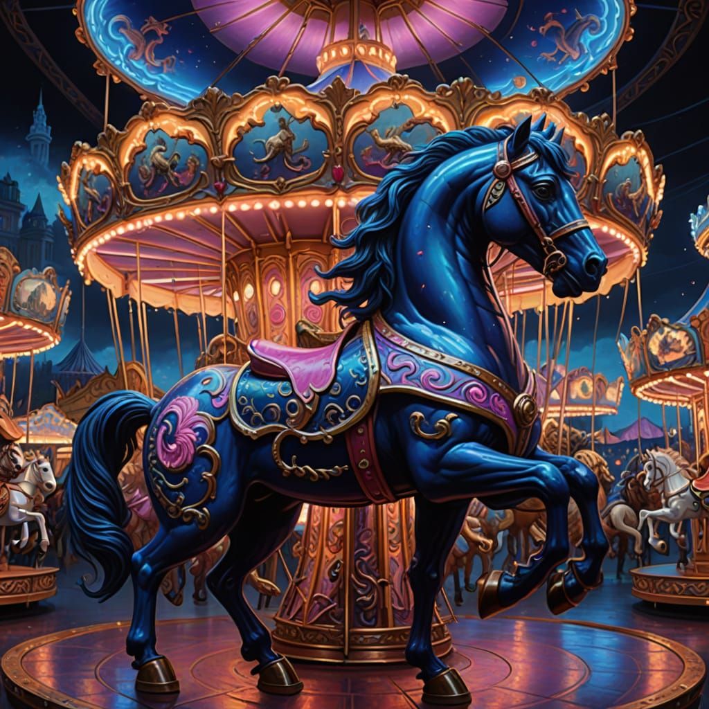 Mythical Creatures Carousel in Neon Lights Oil Painting