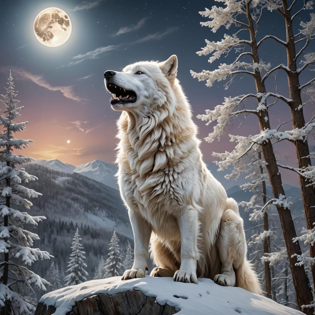 Albino Dire Wolf Howling at Moon, Hyperrealistic
