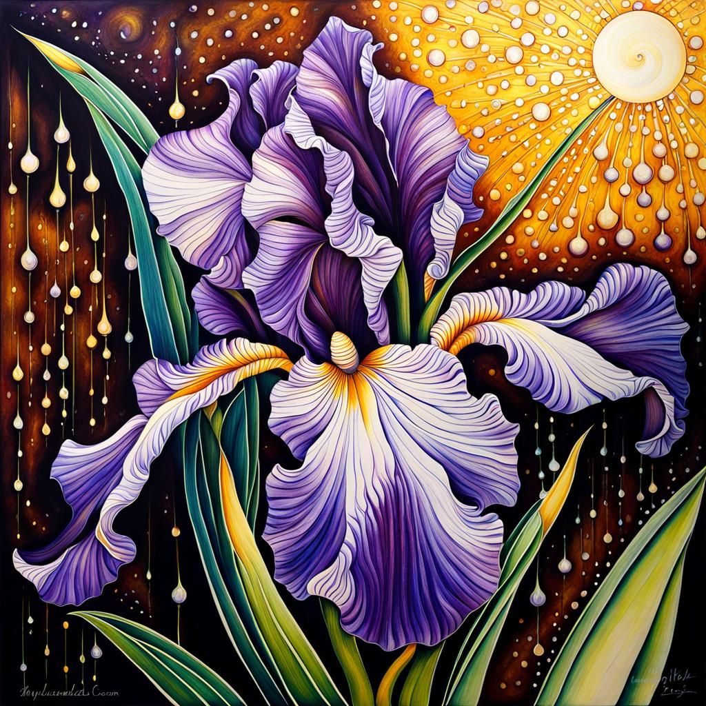 Bearded Iris with Dew Drops in Ink and Acrylic