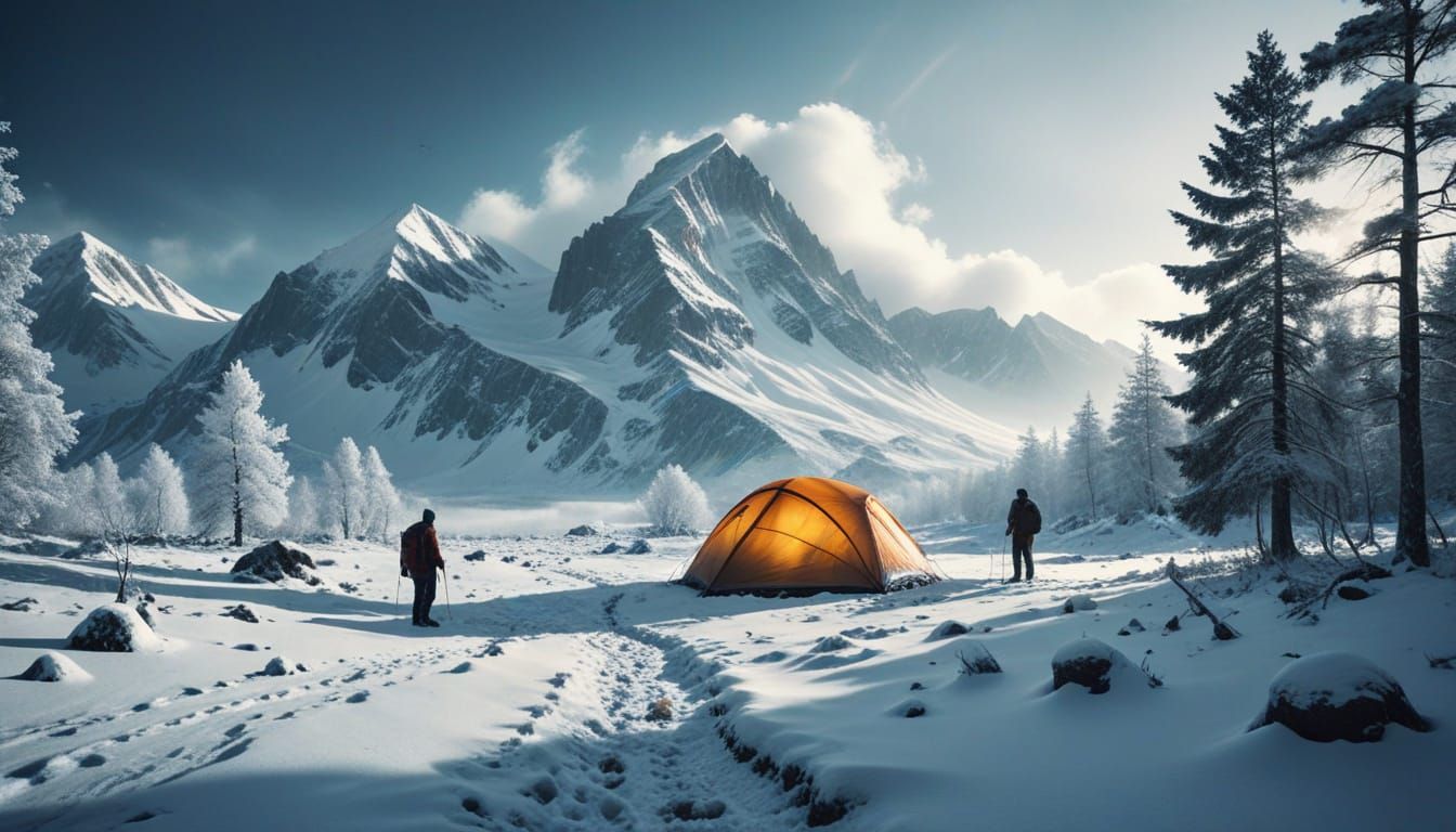 Surreal Winter Campsite in a Dreamlike Double Exposure