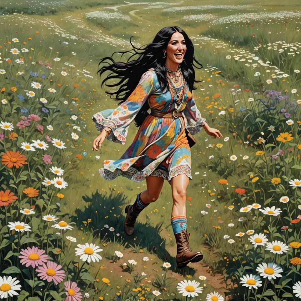 1970s Hippy Running Through Daisy Field