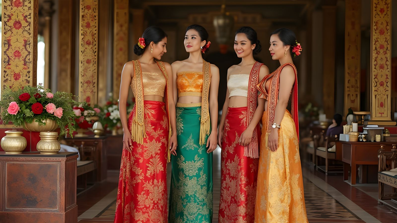 Laotian Wedding Scene in Vibrant Silk and Gold